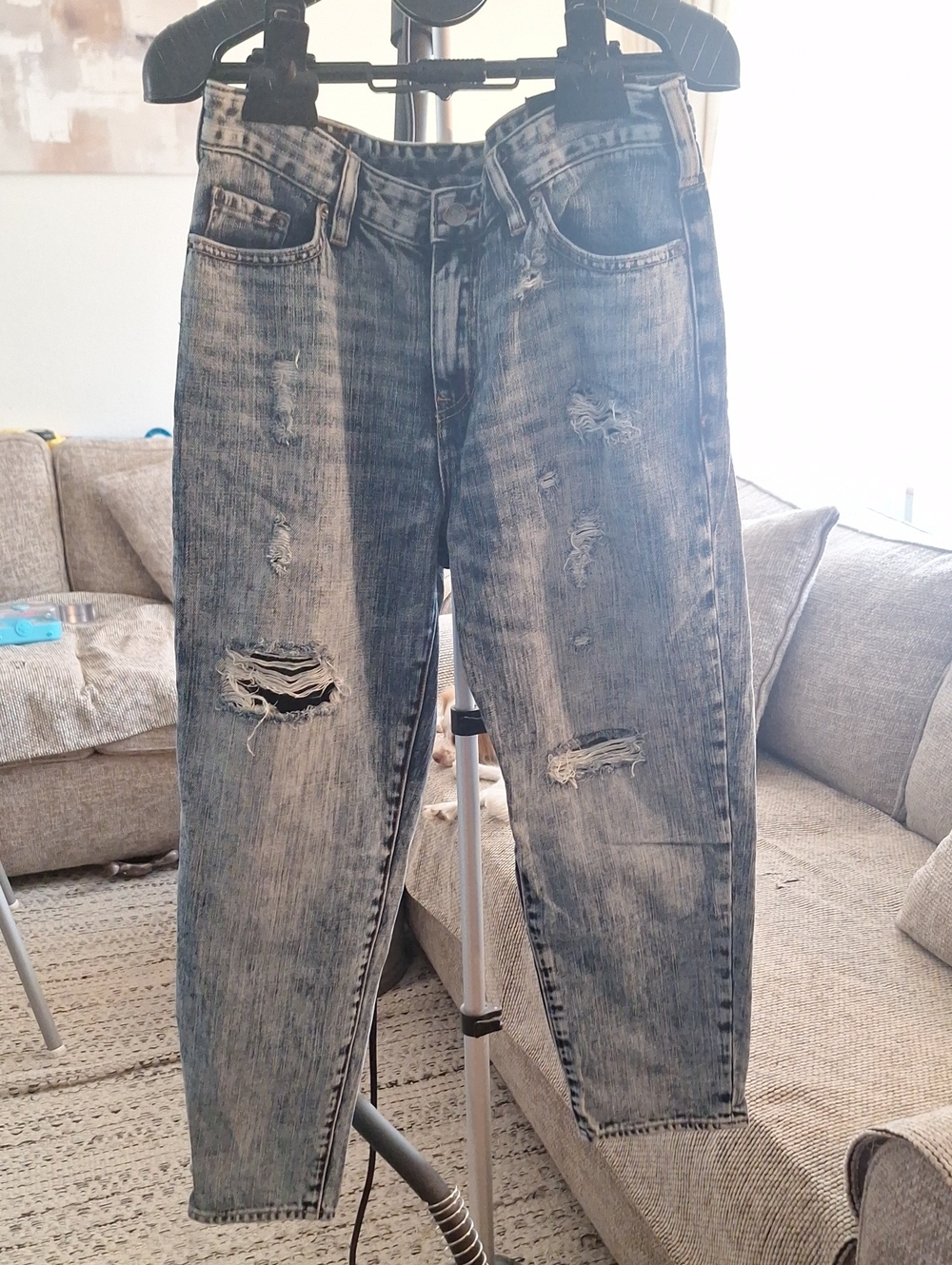 A/X Armani Exchange Women's Relaxed Distressed Acid Wash Blue Jeans
